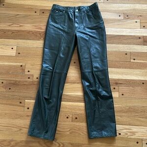 Nine West Olive Army Green Soft Leather Pants Straight Leg Women 8 Vintage 90s